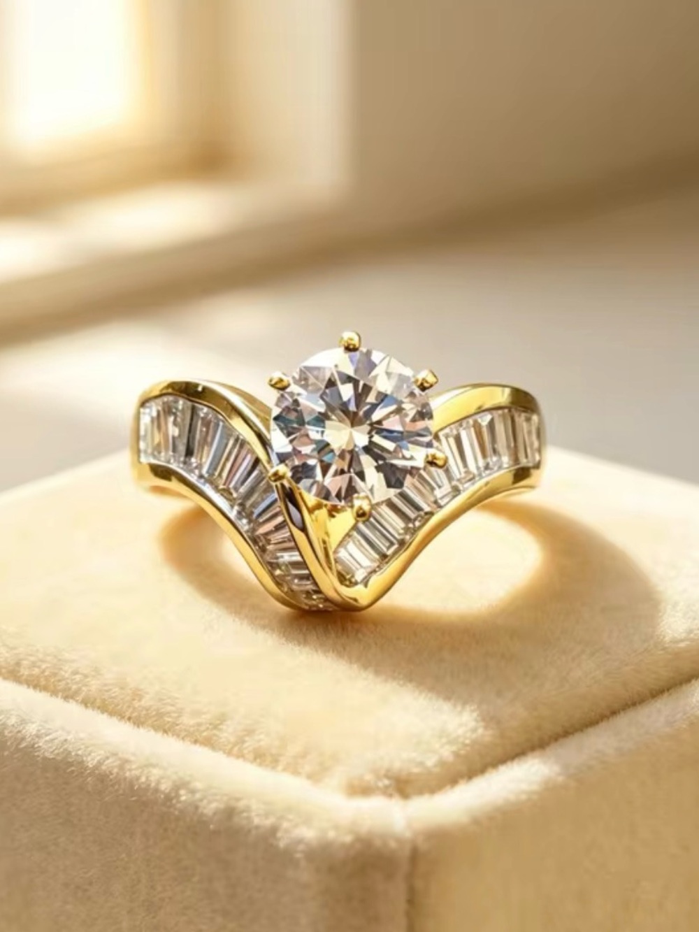 NWT-V Shaped 2ct Round Cut Art Deco Gold Plated CZ Engagement Ring